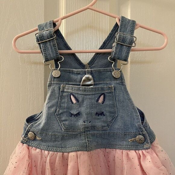 Oshkosh B'gosh Unicorn Overall Dress Pink Tulle Vestbak Denim Girls SZ 12 Months - Picture 2 of 9